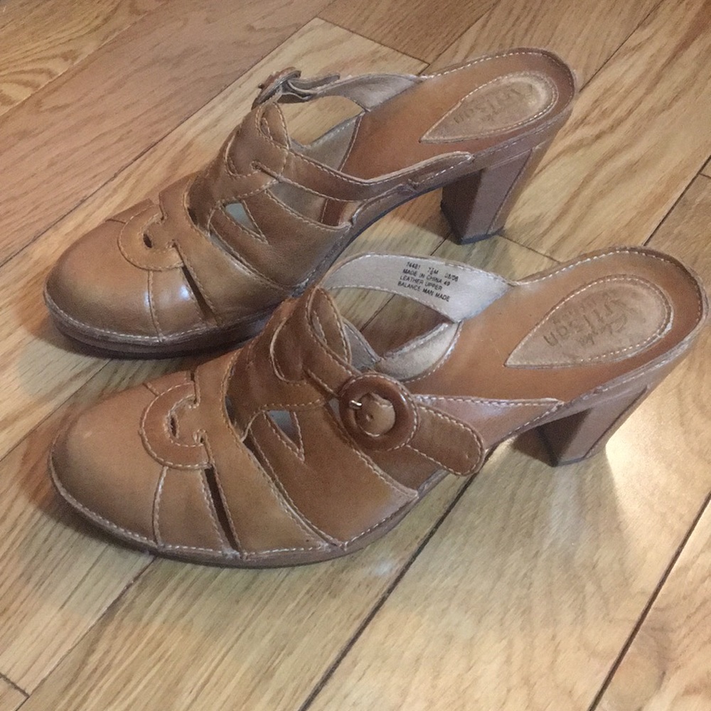 Clark’s Artisan Collection honey colored mules